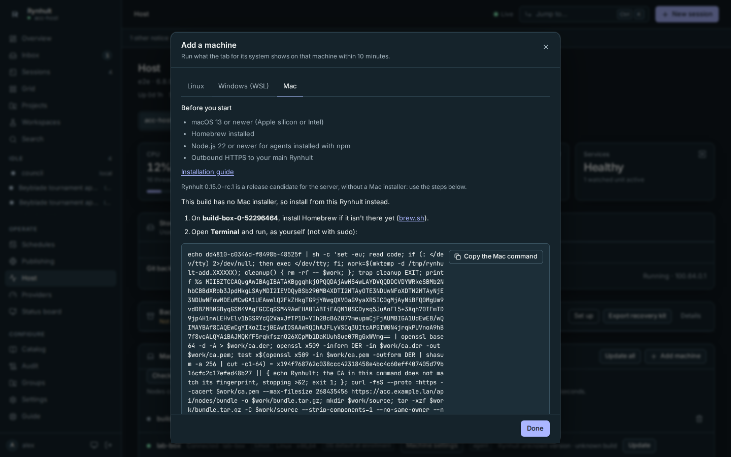 Add machine, Mac tab before v1.0: the command to run in Terminal
