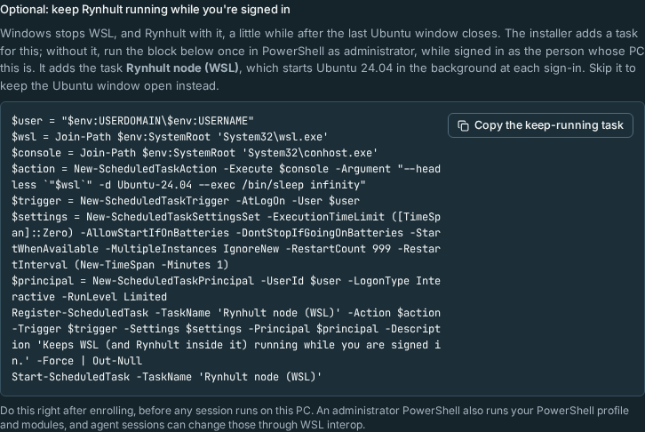 Add machine, Windows tab: the optional PowerShell block that adds the keep-running task