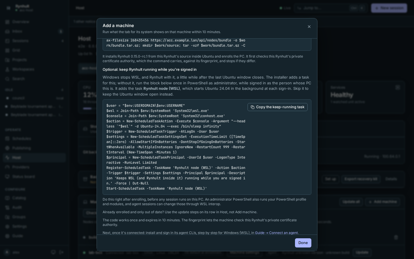 Add machine, Windows tab before v1.0: the WSL setup command, the first sign-in, and the command to run in Ubuntu