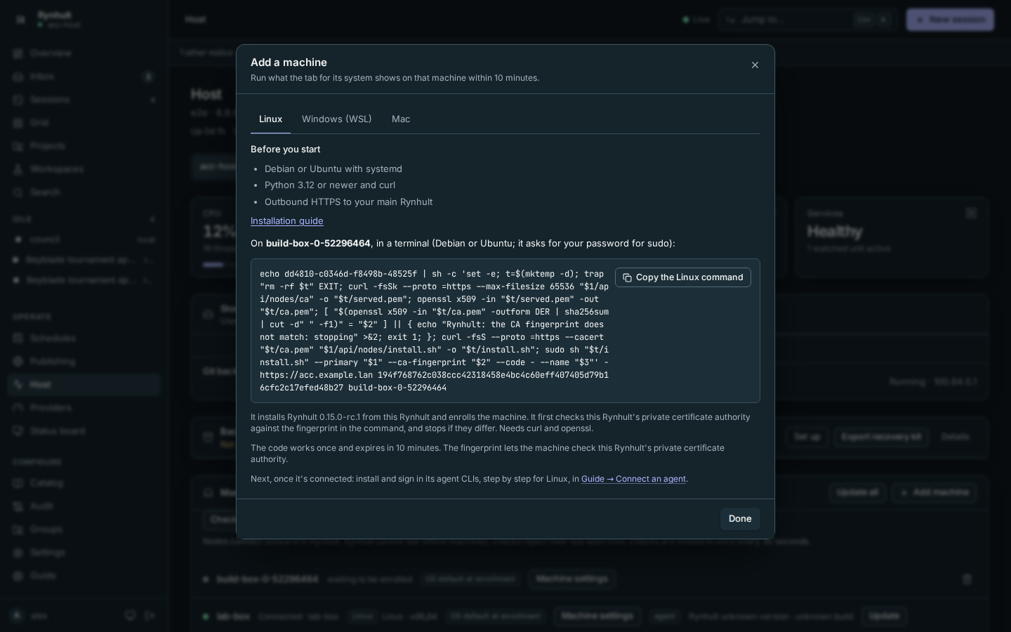 Add machine: the Linux tab with the command to run