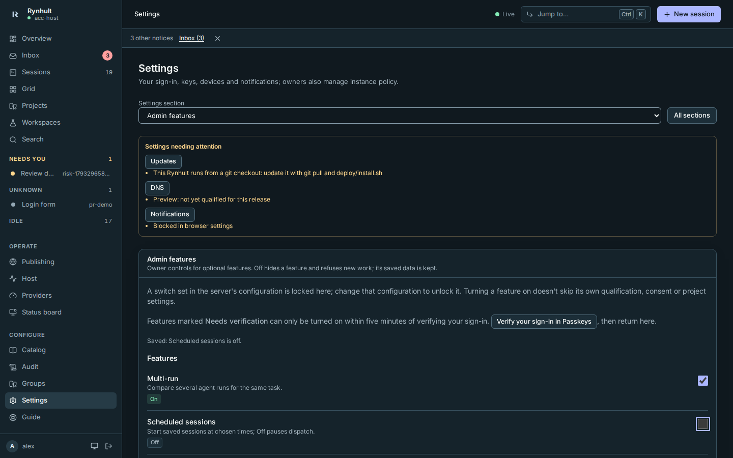 Admin features on desktop in dark mode