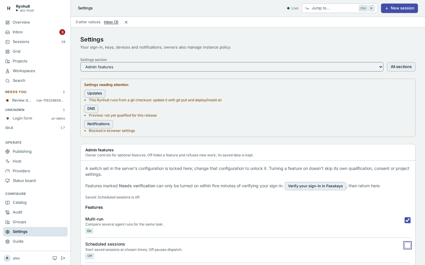 Admin features on desktop in light mode
