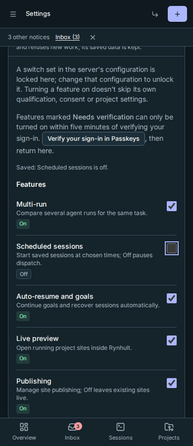Admin features on a phone in dark mode