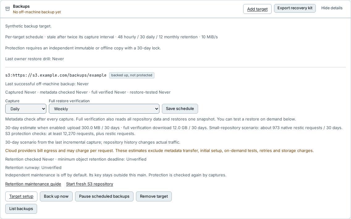 Daily capture and weekly verification with a synthetic transfer scenario and cloud egress warning