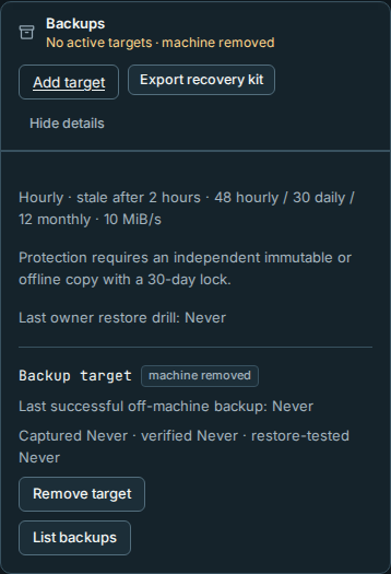 A removed machine target has a confirmed removal action and no enable or run controls