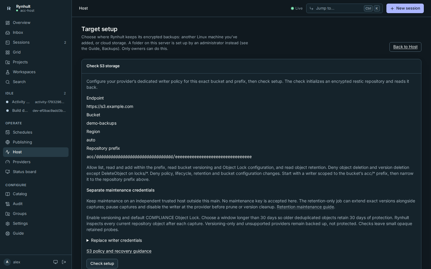 S3 target details show the dedicated repository prefix, maintenance boundary and Check setup
