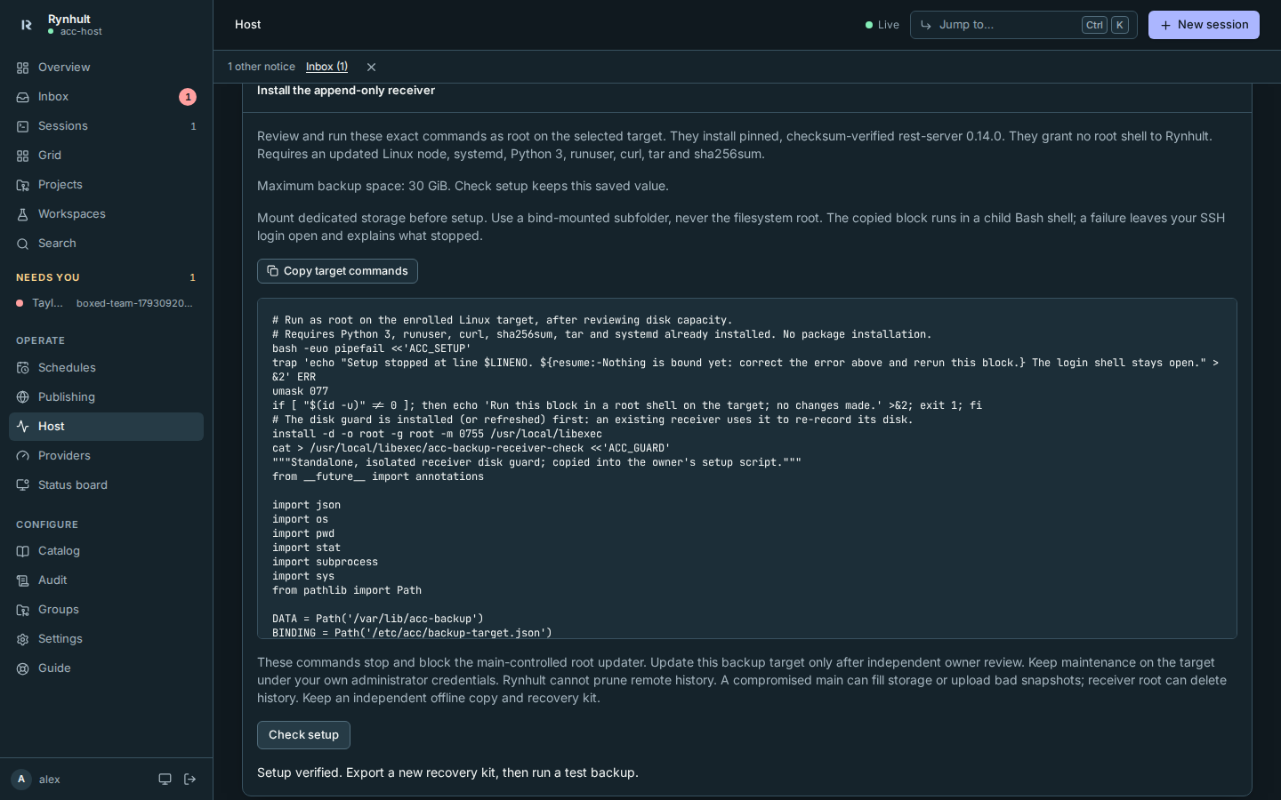 Target setup shows the saved maximum backup space, Copy target commands, owner-operated commands and Check setup