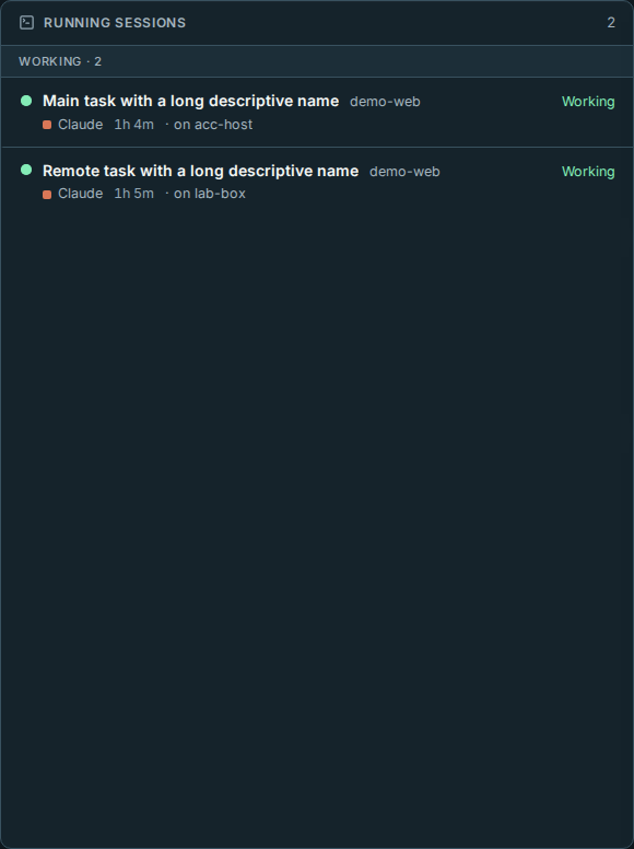 Running sessions identify the main and remote machines without relying on a remote-only suffix