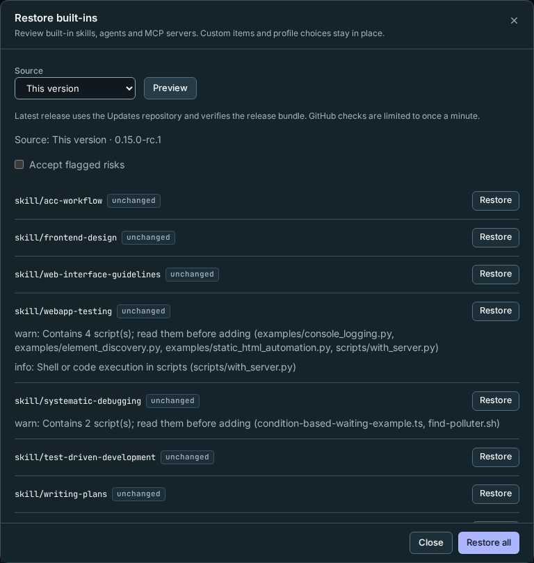 Restore preview with item statuses and individual restore controls