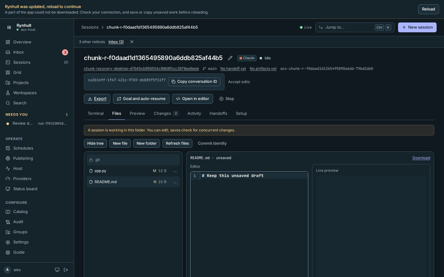 The reload banner leaves an unsaved file draft available to save or copy