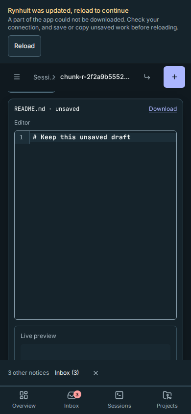On a phone, Reload stays above the editor without covering the draft