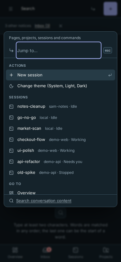 Phone Jump to with navigation choices and a persistent Search conversation content link
