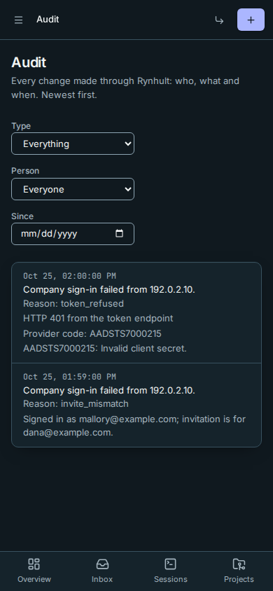 Owner Audit showing a provider code and returned-versus-invited company accounts on a phone