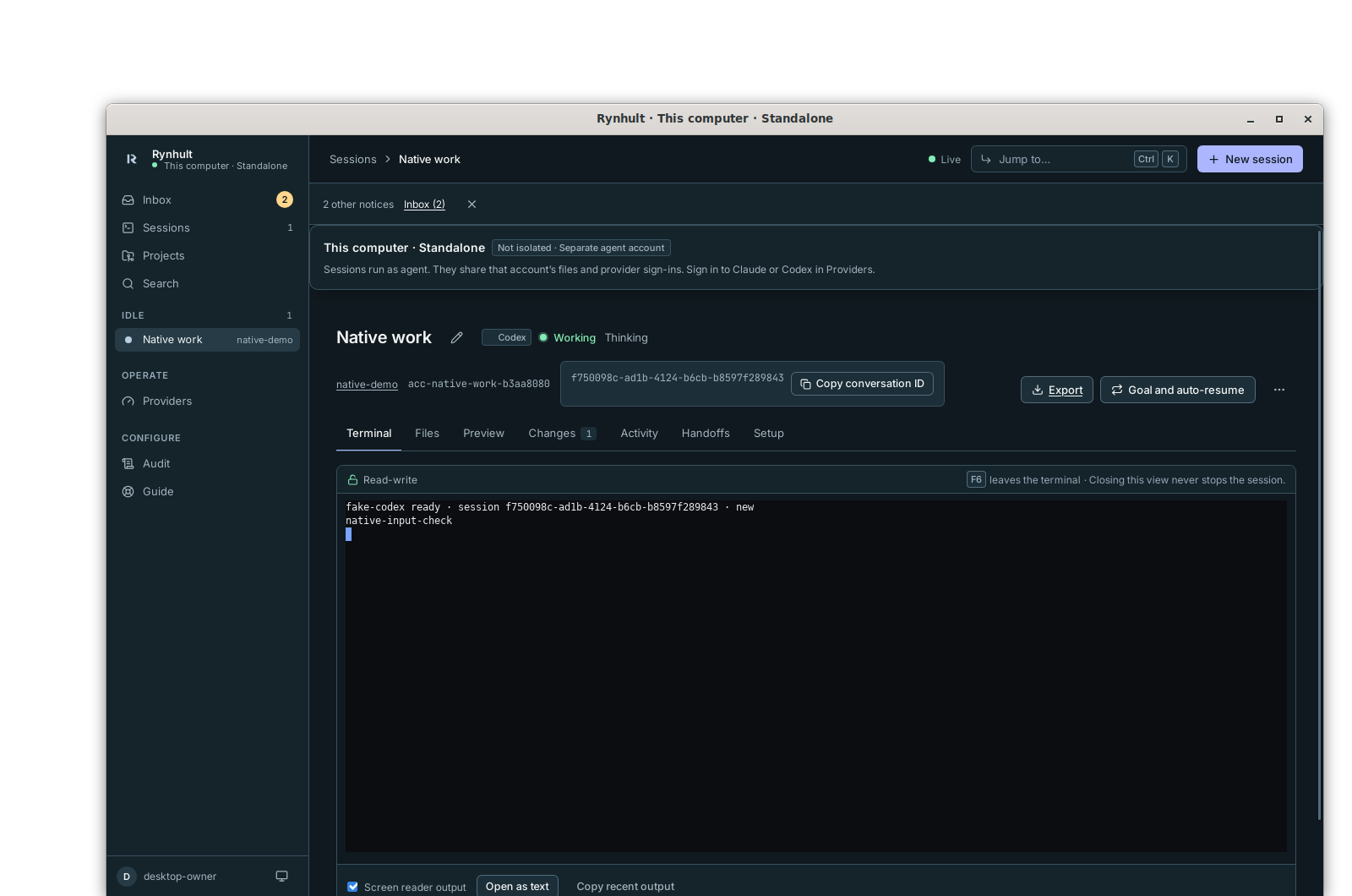 The native Linux window rendering a fake Codex terminal through the shared broker