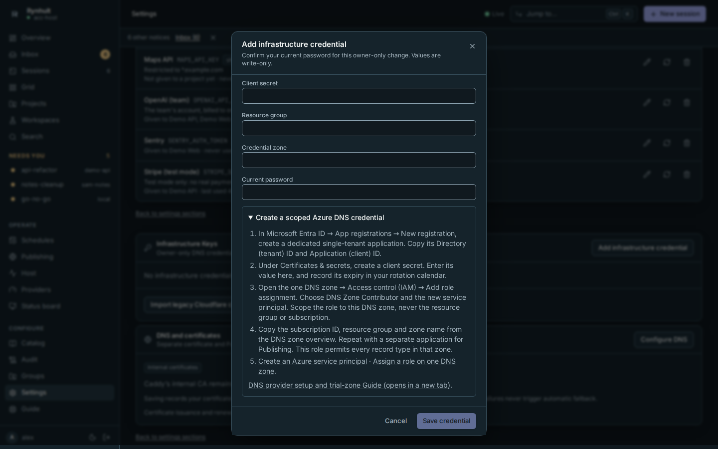 Azure provider instructions expanded on demand below the credential fields