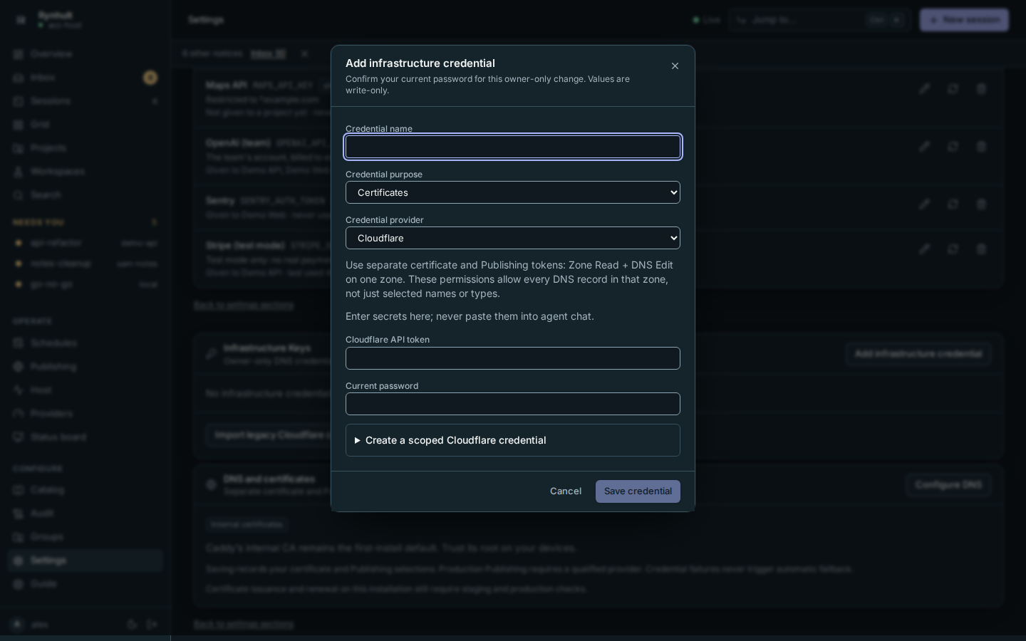 Cloudflare fields, password confirmation and closed credential instructions