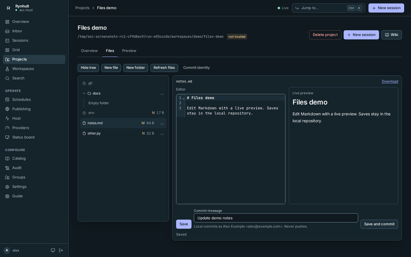 Markdown editor, folder tree and live preview