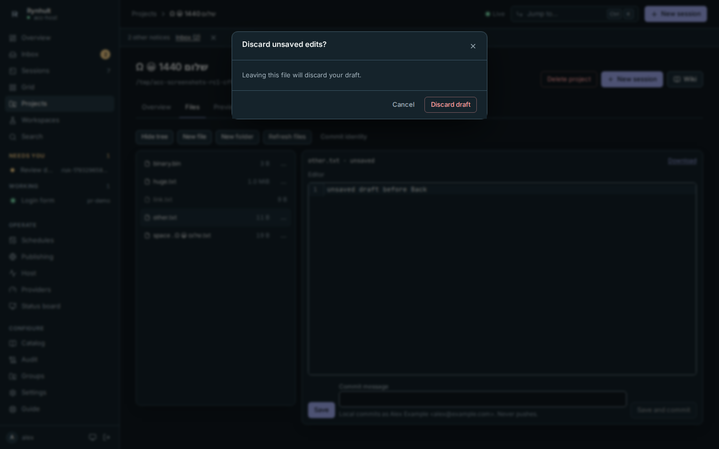 Back navigation asks before discarding an unsaved file draft