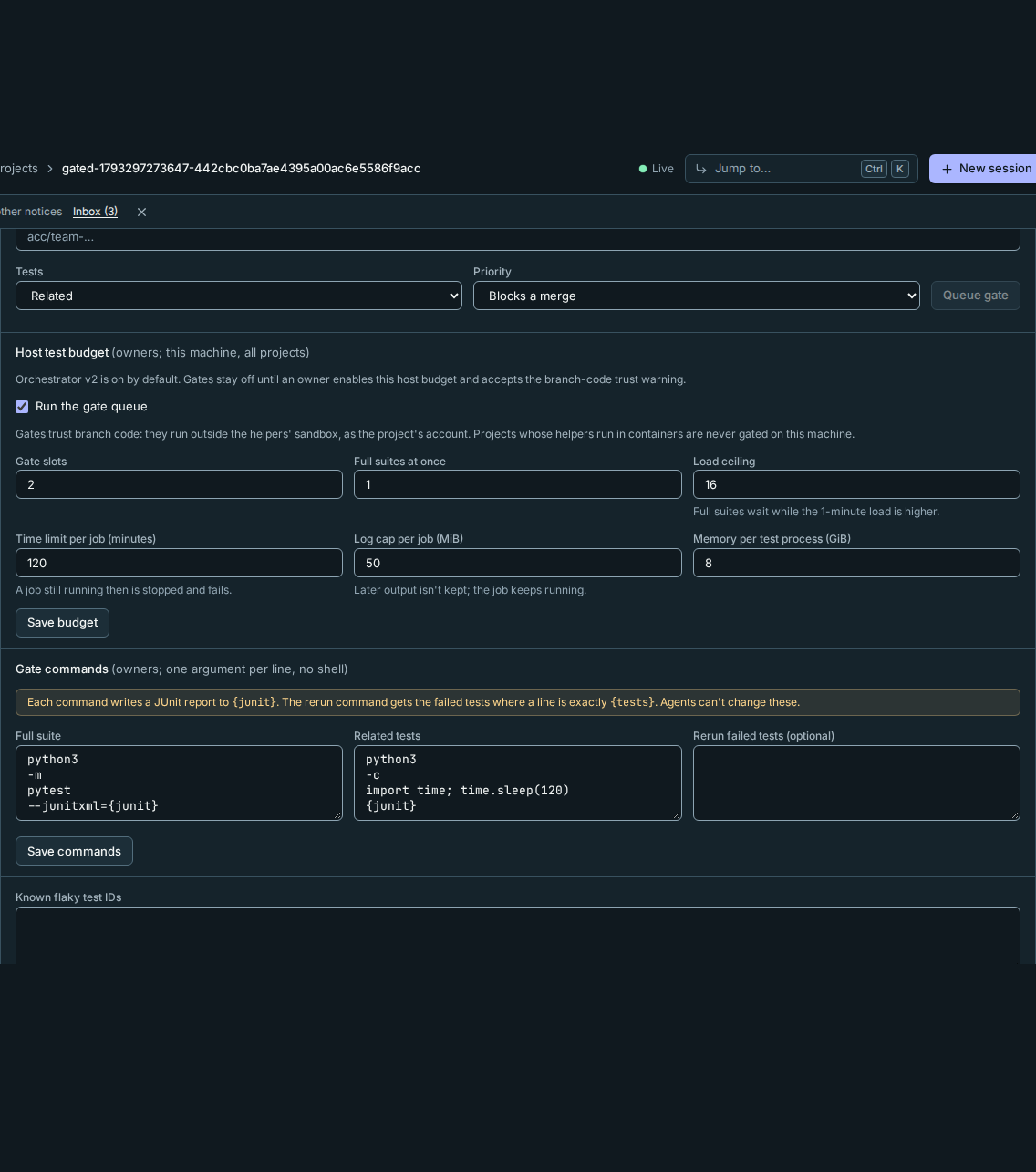 A project's gate queue and host test budget