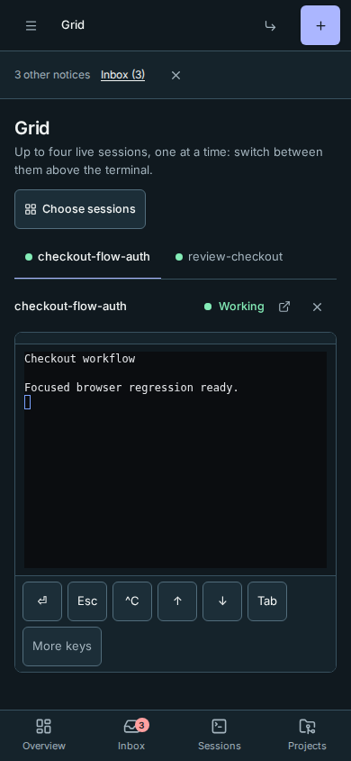 The phone Grid keeps its session name and one-terminal switcher