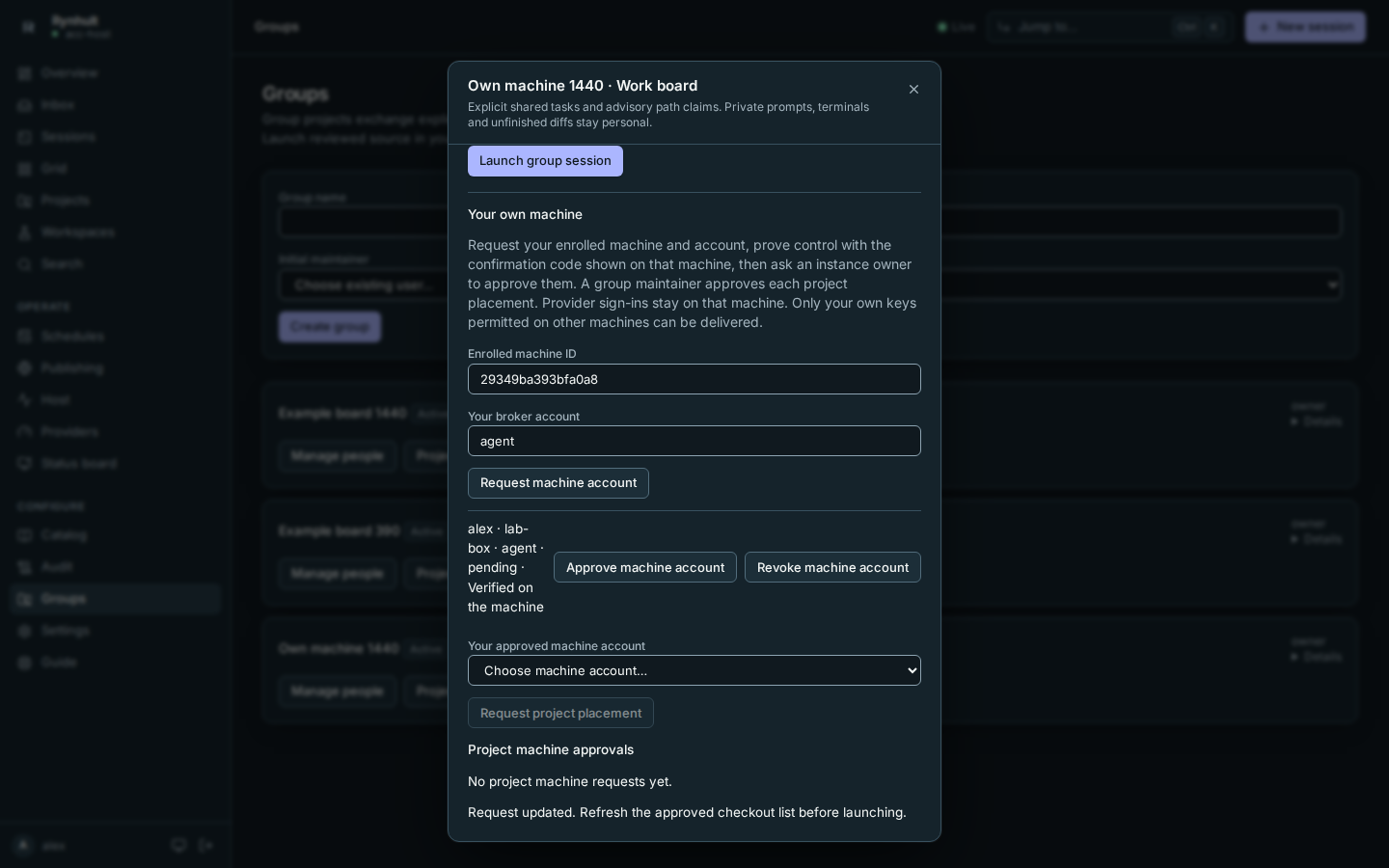 Verified account awaiting owner approval on a demo machine
