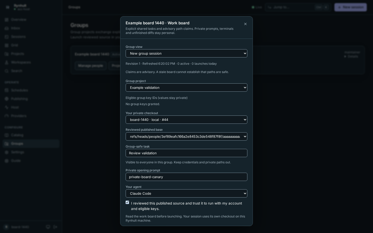 A reviewed group launch with explicit shared task and private prompt on desktop
