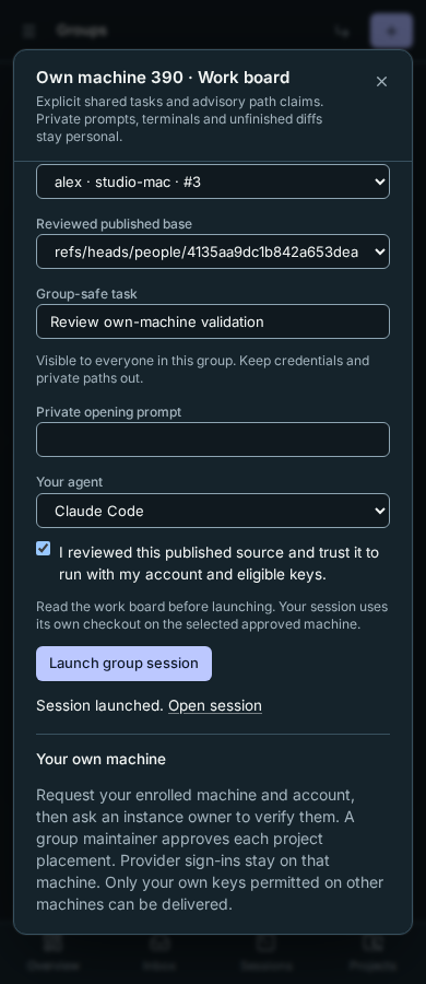 Own-machine group launch at phone width