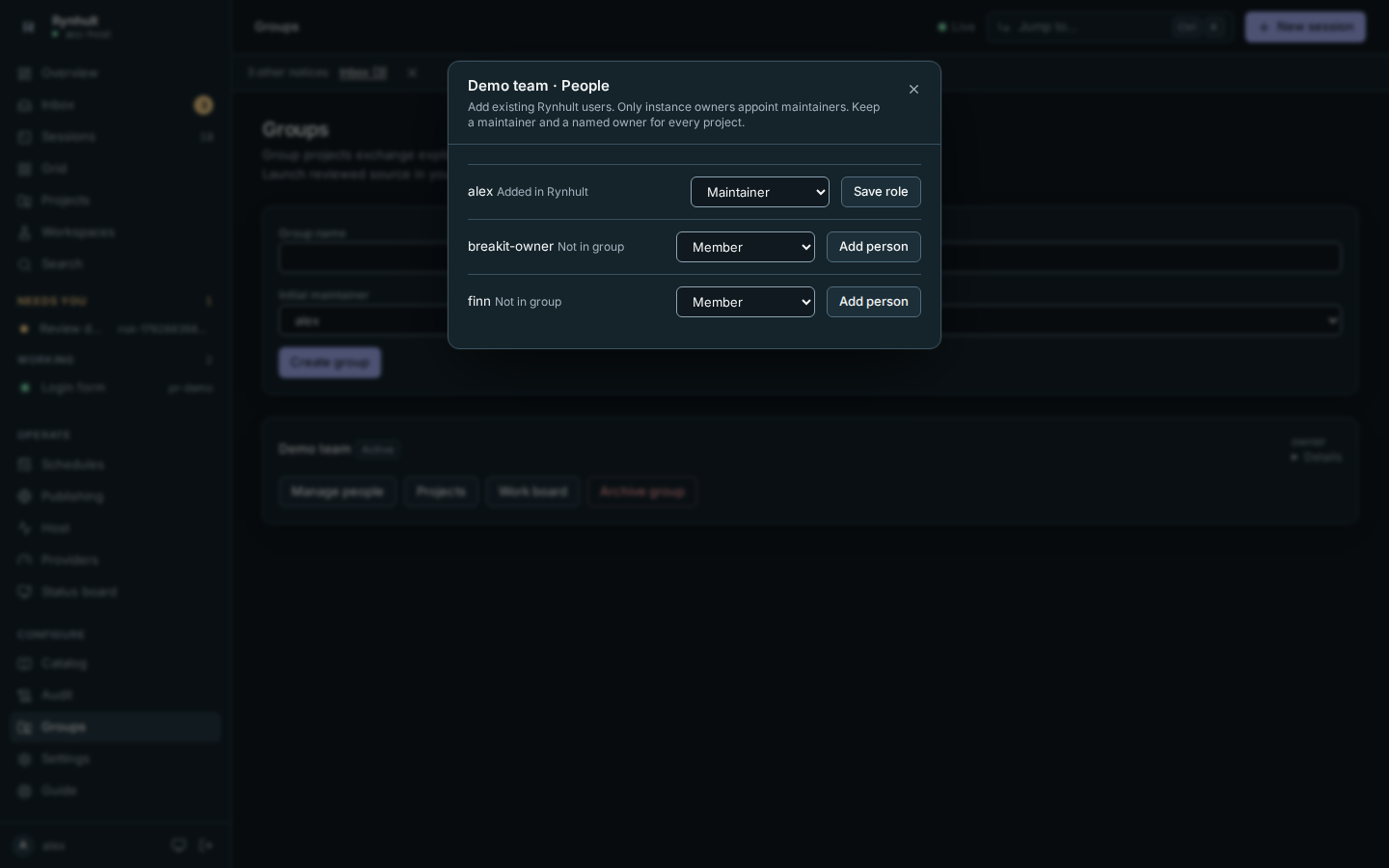 People dialog showing an artificial maintainer and role controls