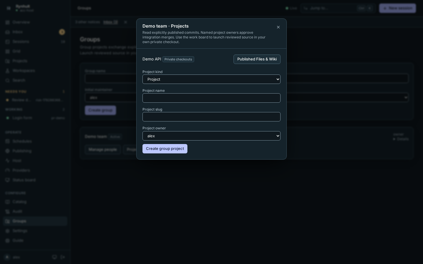 Projects dialog showing Demo API and private checkouts