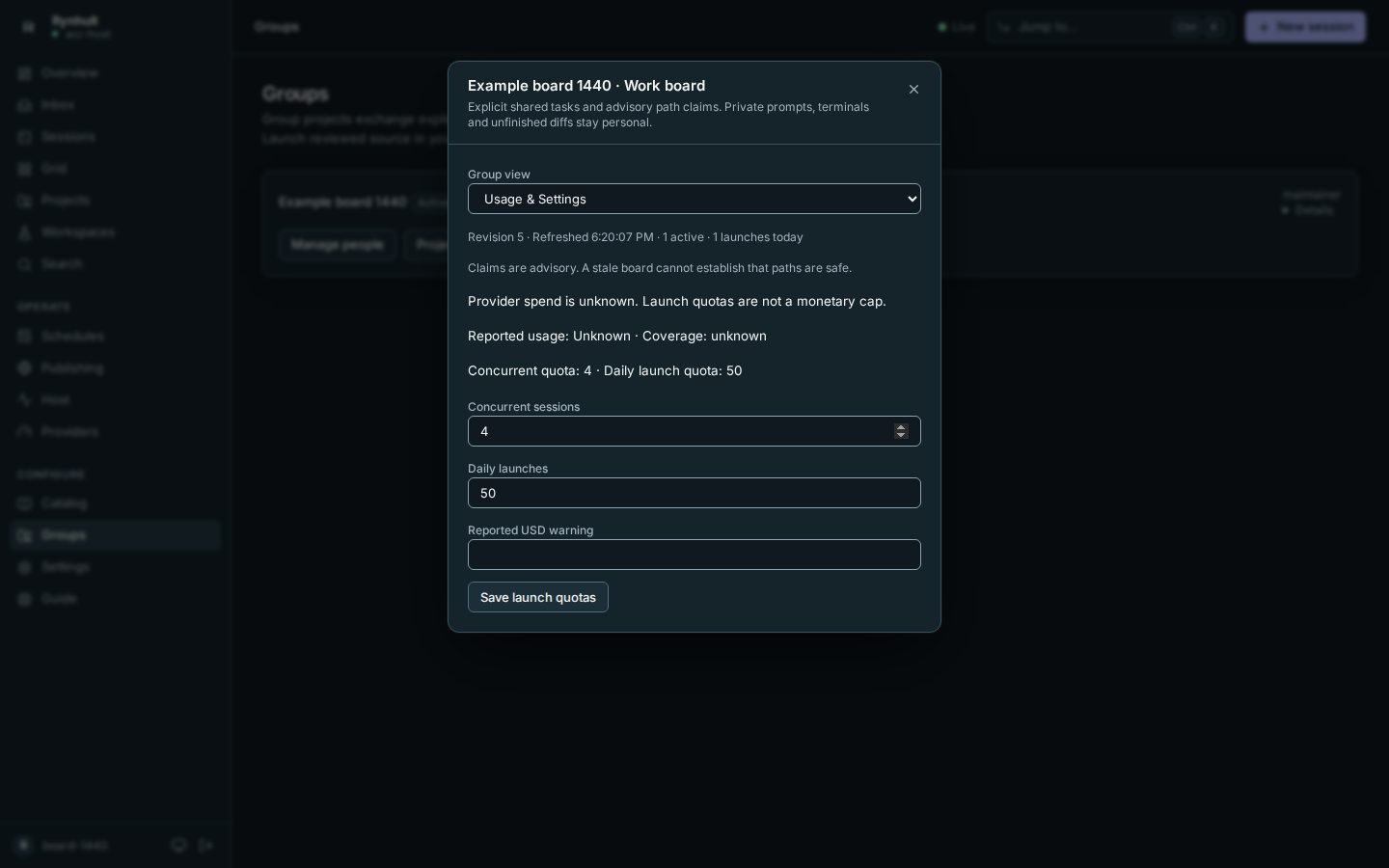 Group launch quotas and reported-usage warning settings