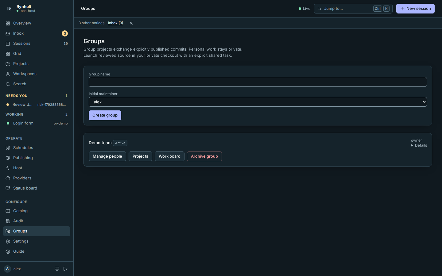 Groups with an artificial Demo team and its management controls
