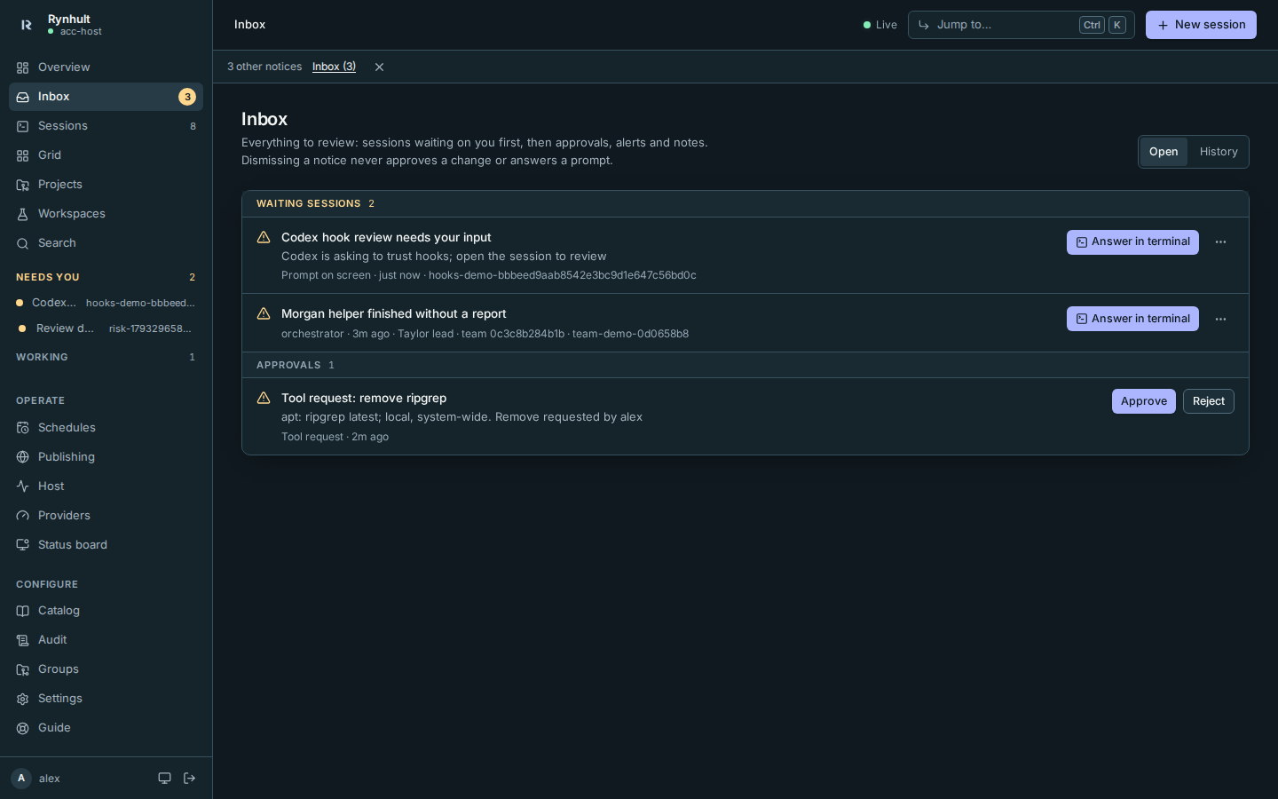 Codex hook review in Inbox, marked as a waiting session with an Answer in terminal action