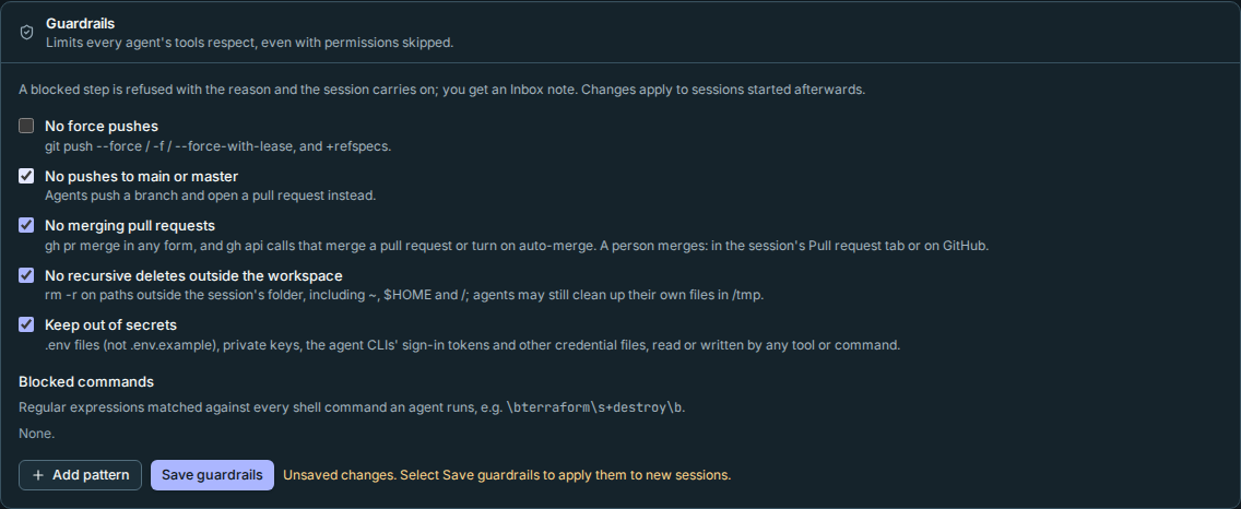 Guardrails clearly identify an unsaved draft beside the explicit save action