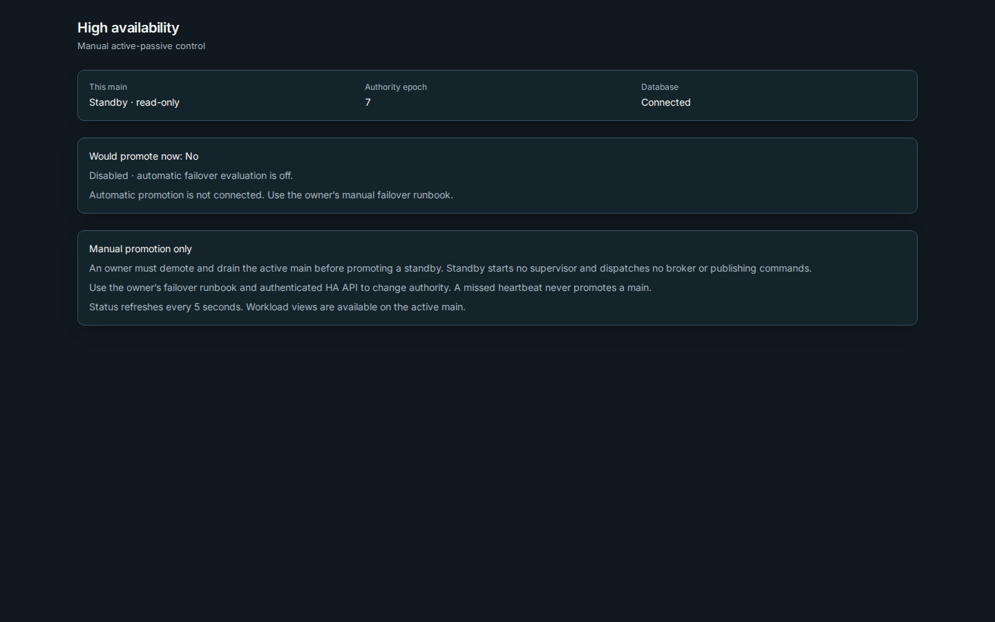 A standby reports read-only status, authority epoch and database connectivity.