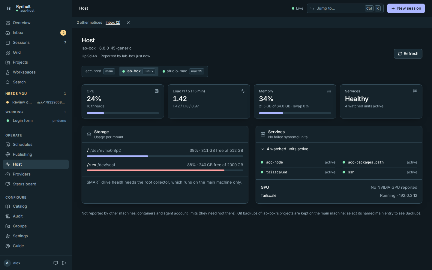 Host with another machine picked: its CPU, load, memory, services, storage, GPU and Tailscale