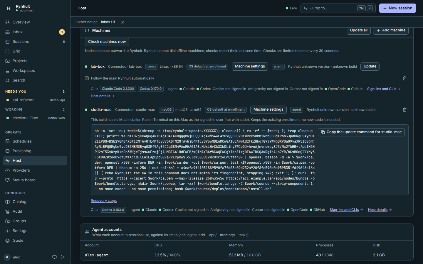 Machines on the Host page