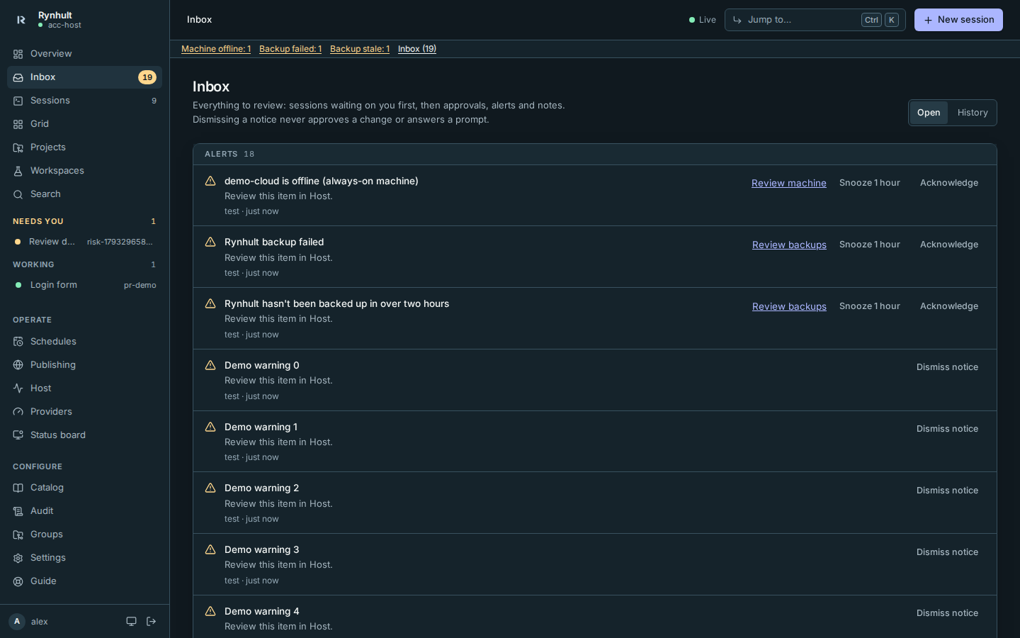 Individual machine and backup alerts with Review, Acknowledge and Snooze actions