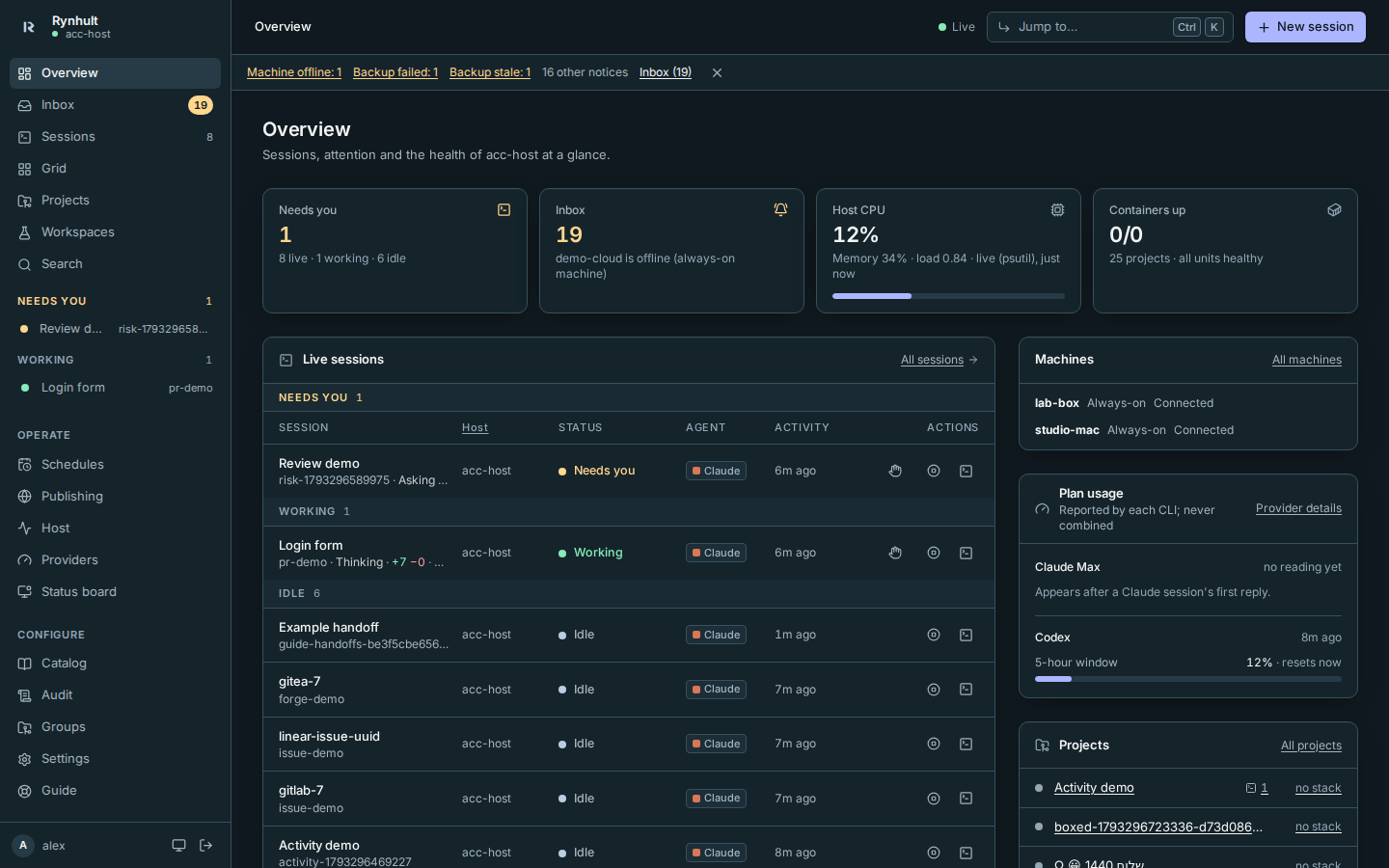 A compact status line with offline machine and failed and stale backup counts above the Overview