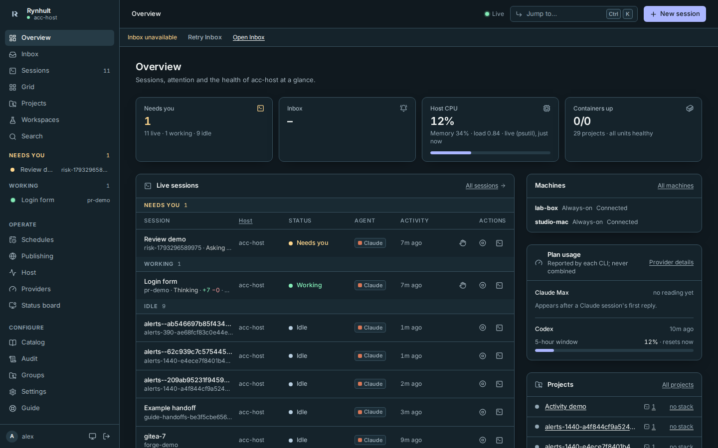 An Inbox-only outage stays visible above usable desktop content