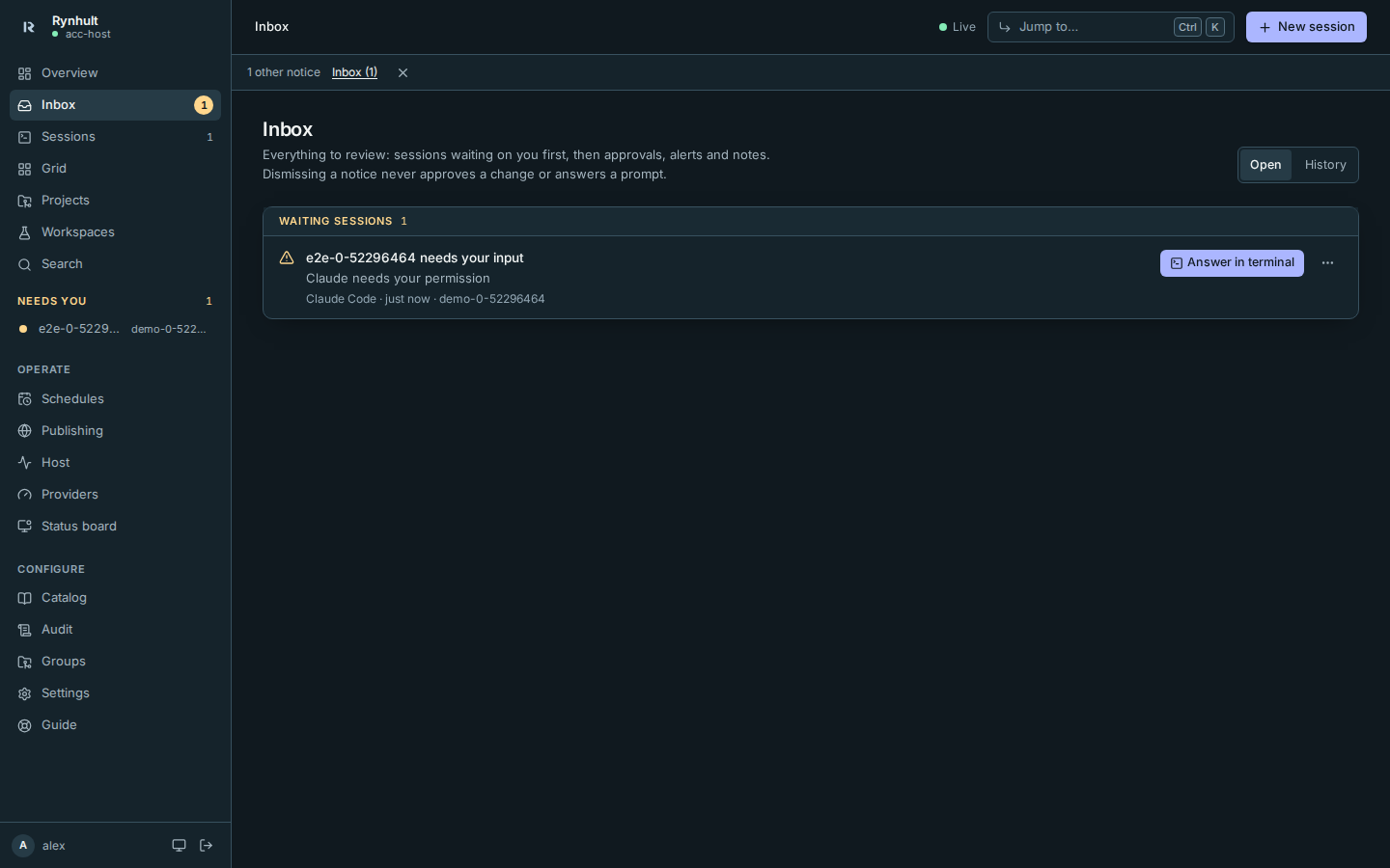 The inbox, grouped into waiting sessions, approvals and notes