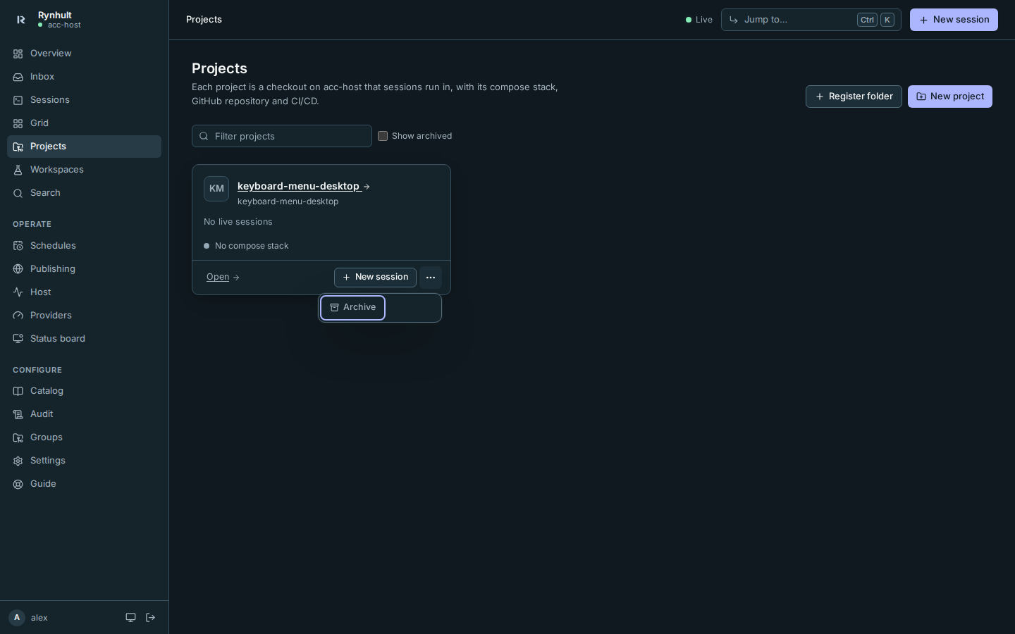 A project's action menu opened with the keyboard, with Archive focused
