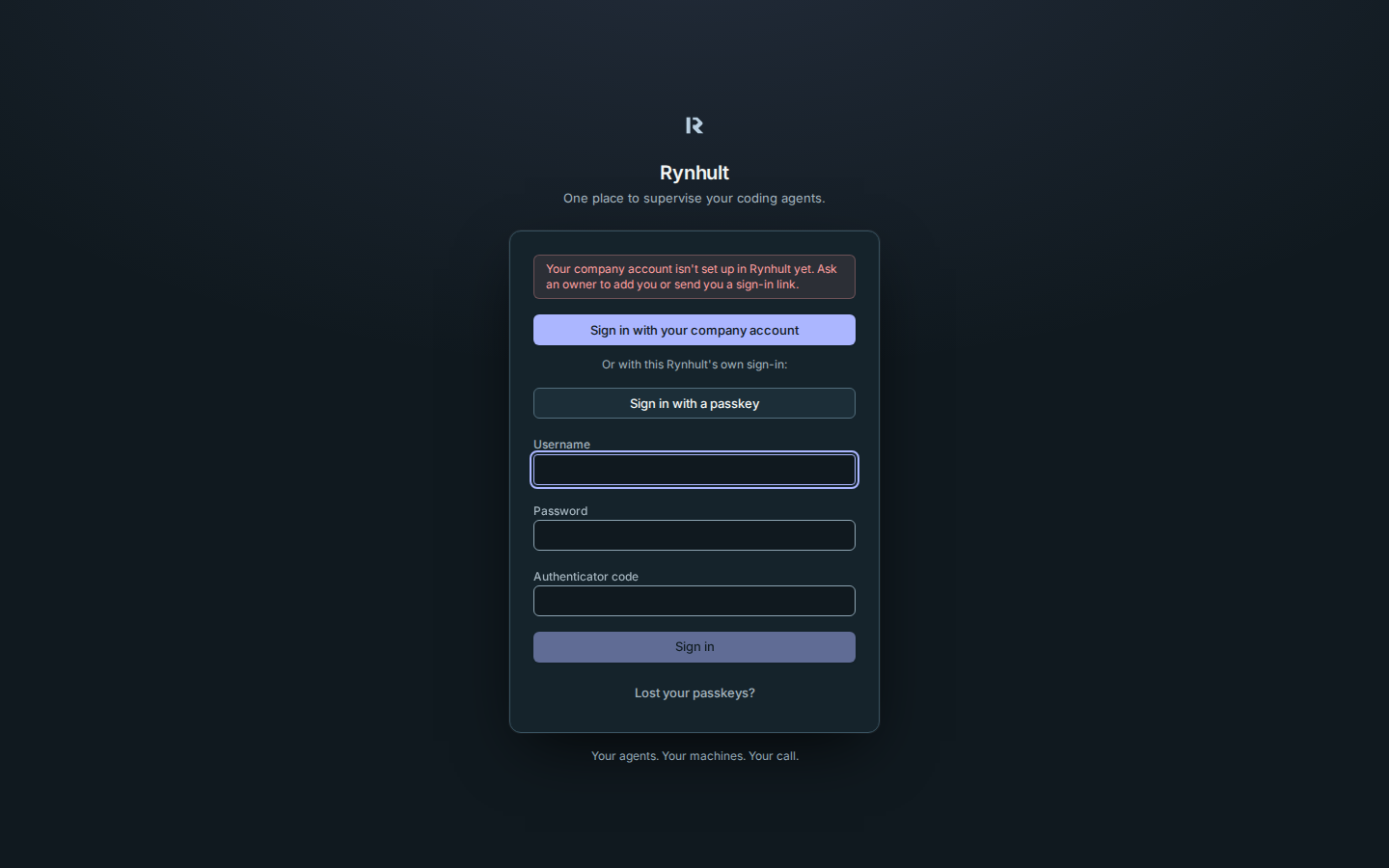 The sign-in page with company sign-in on, after a refused first sign-in