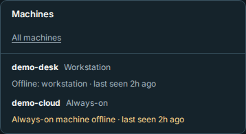 The Overview lists each machine's role and availability on a phone
