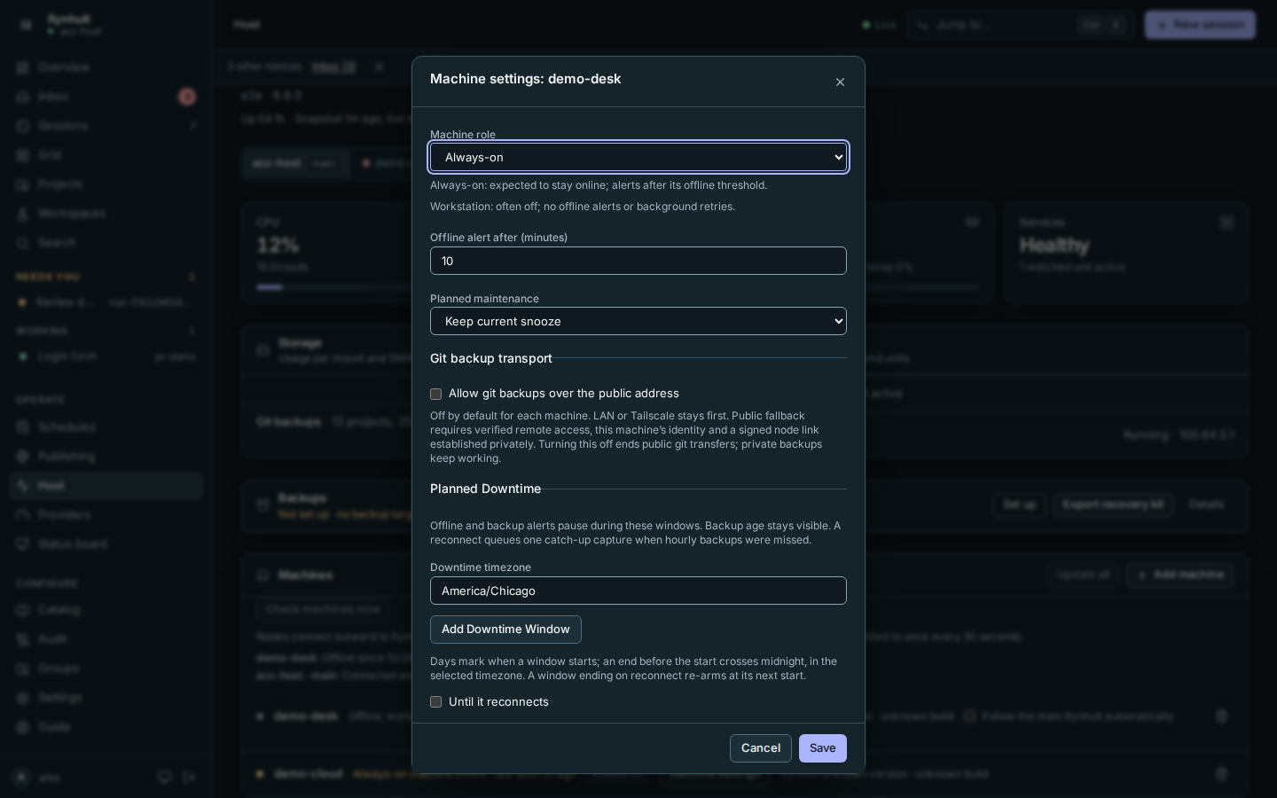 Machine settings with role, offline threshold and maintenance snooze
