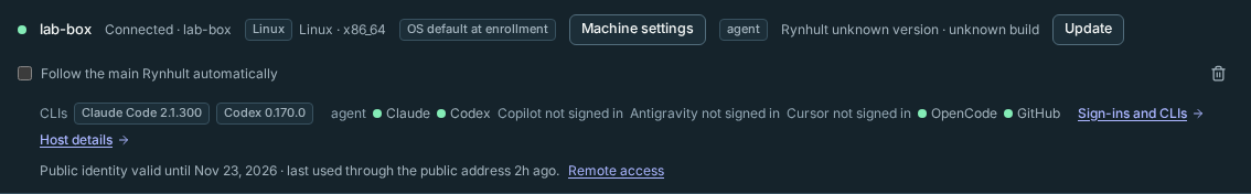 A machine row with its public identity: valid until a date and last used through the public address