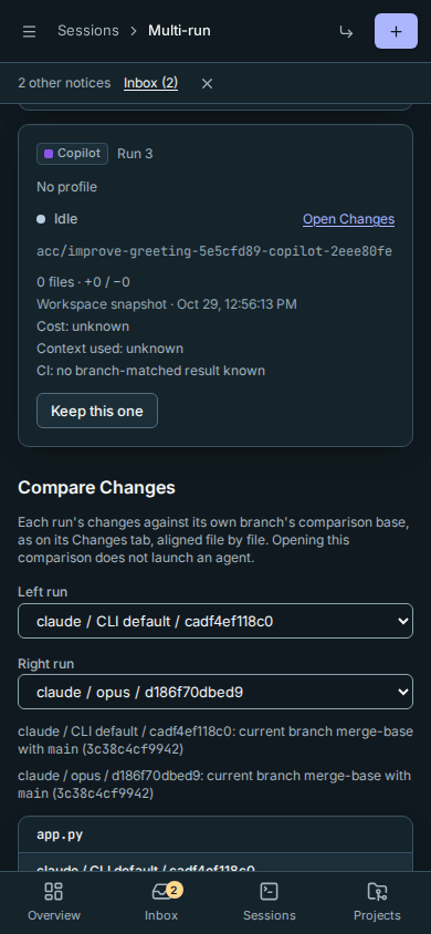 Multi-run file comparison stacked on a phone
