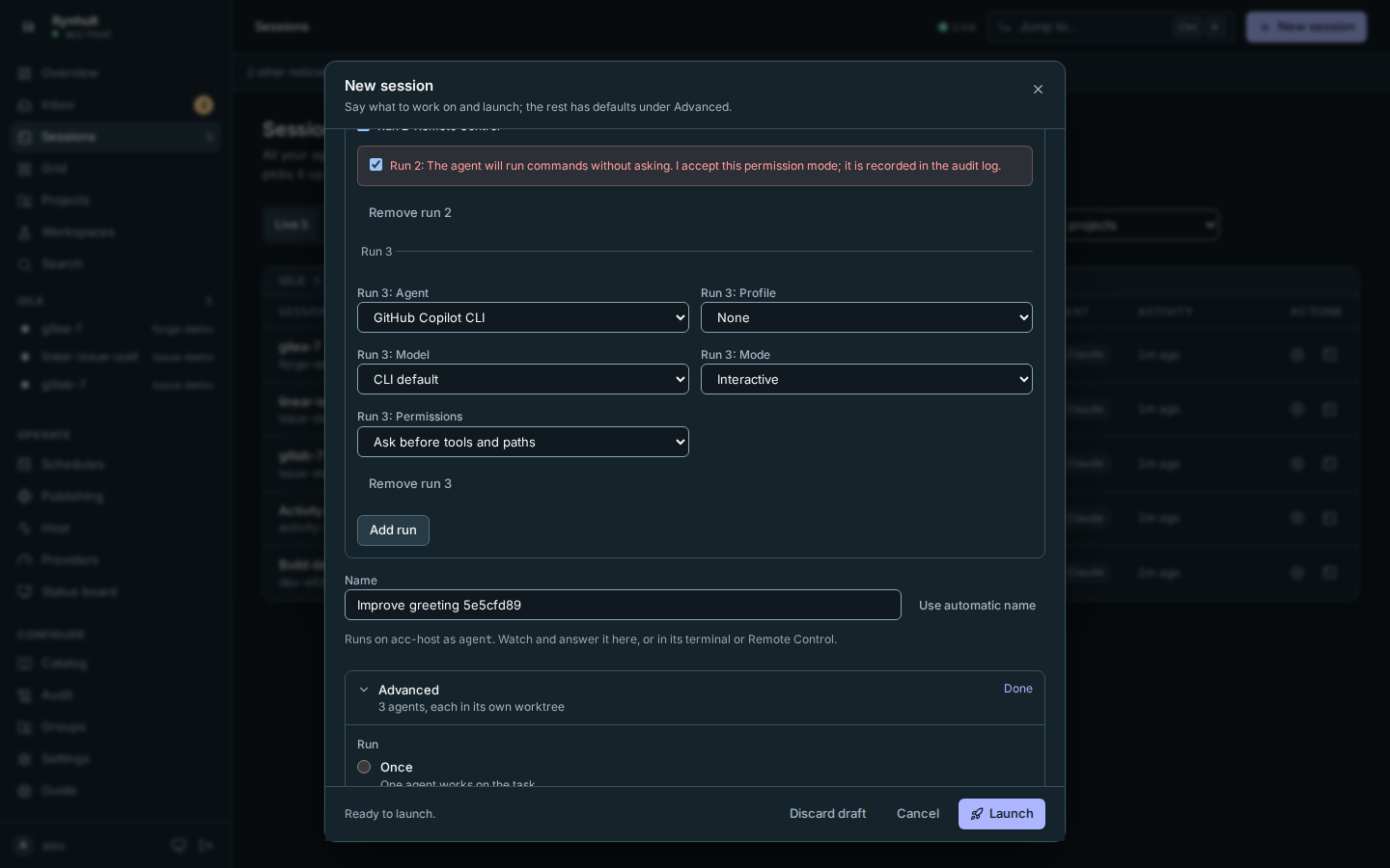 Multi-run launch choices and their command previews