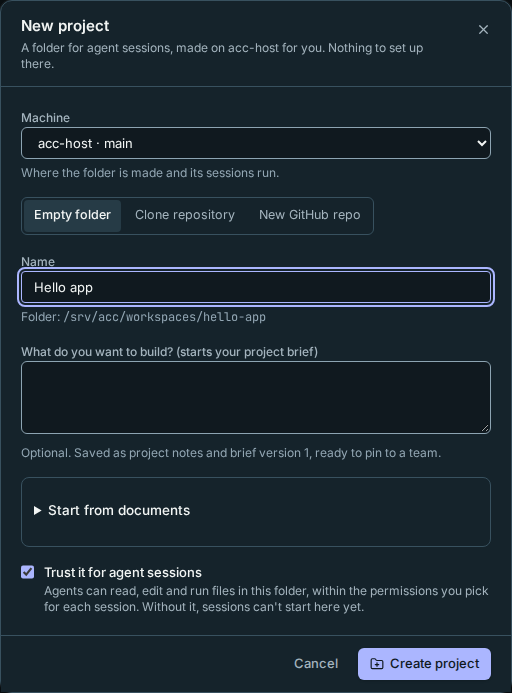 New project: start from an empty folder or a repository