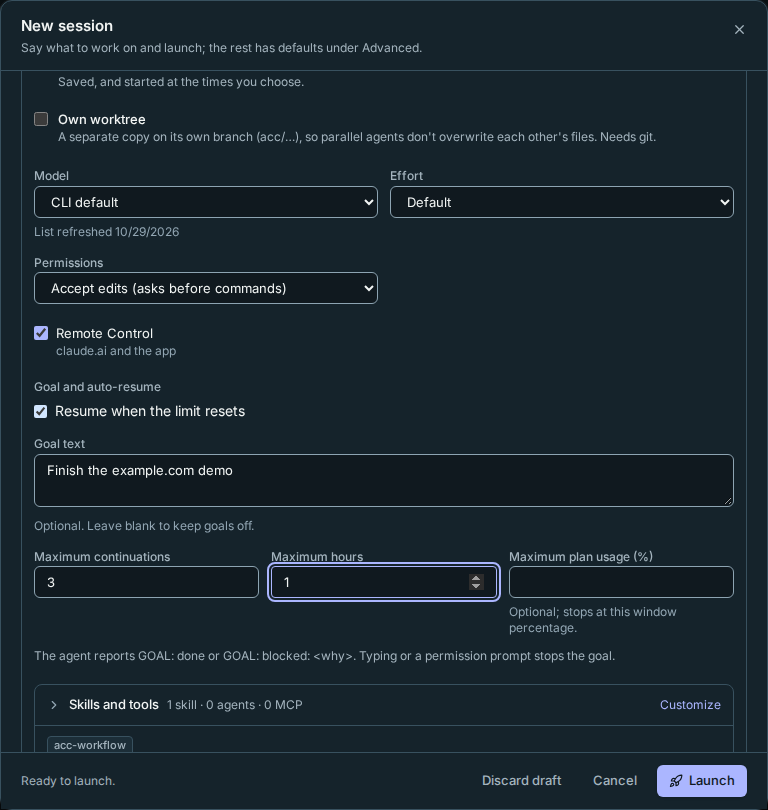 New session with auto-resume and bounded goal controls