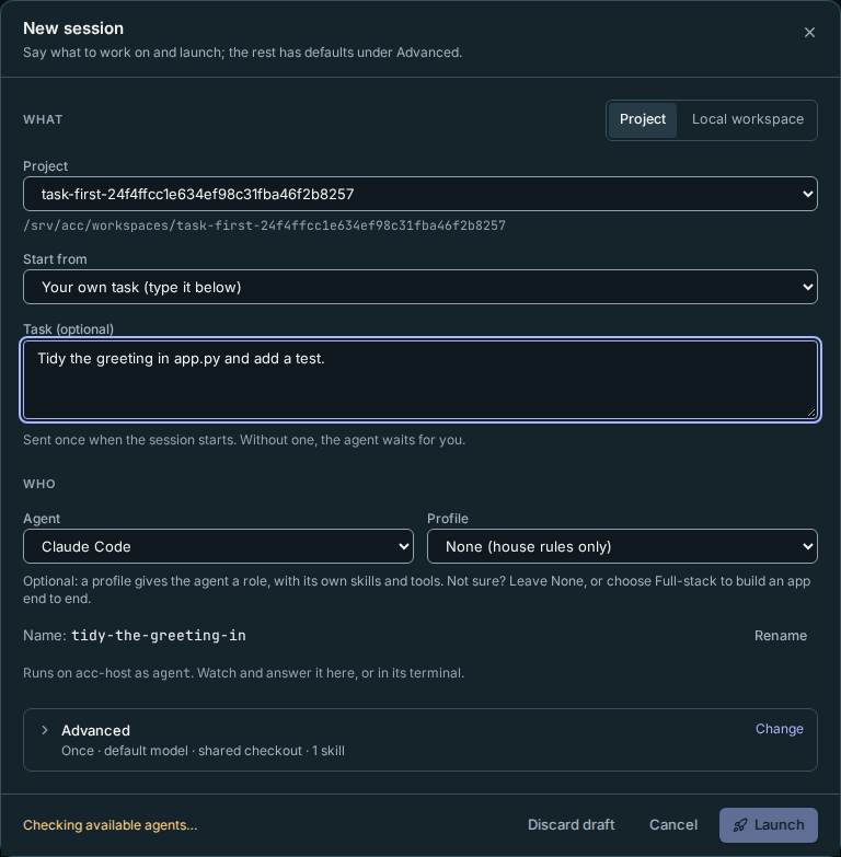 The new session dialog